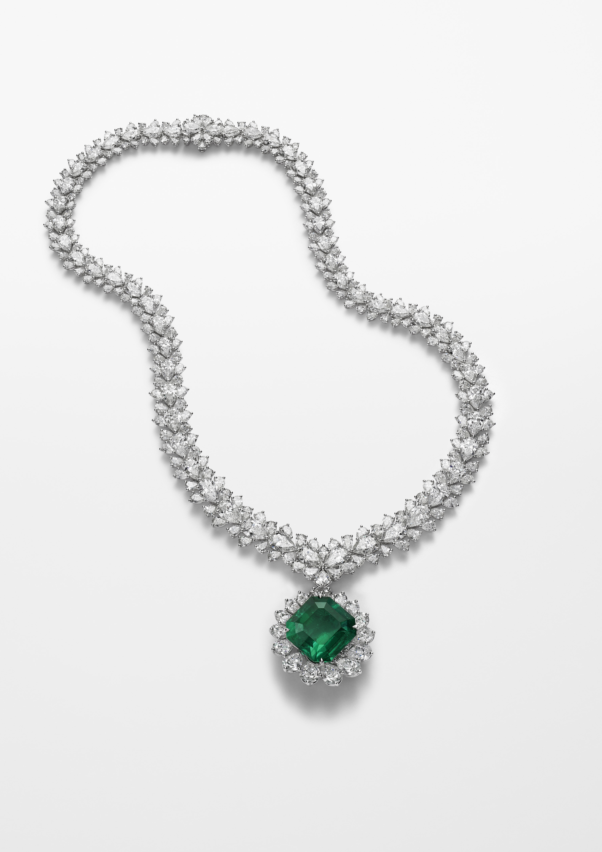  Chopard necklace with a 22ct octagonal step cut emerald and 61ct pear shaped diamonds 
