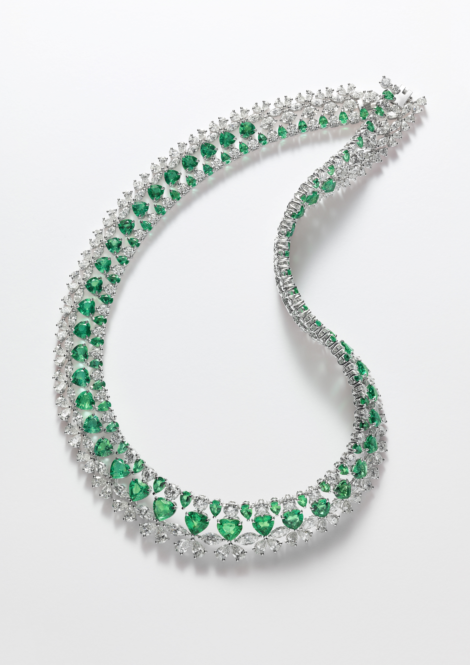  Chopard necklace with a total of 42ct heart shaped and pear shaped emeralds, and 40ct round, marquise and pear shaped diamonds
