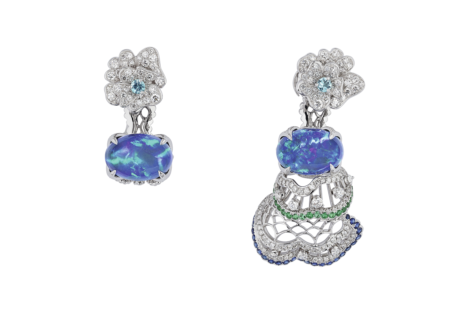  Dior ‘Dentelle Velours Opale Noire’ earrings in white gold, diamonds, black opals, sapphires, emeralds and Paraiba tourmalines