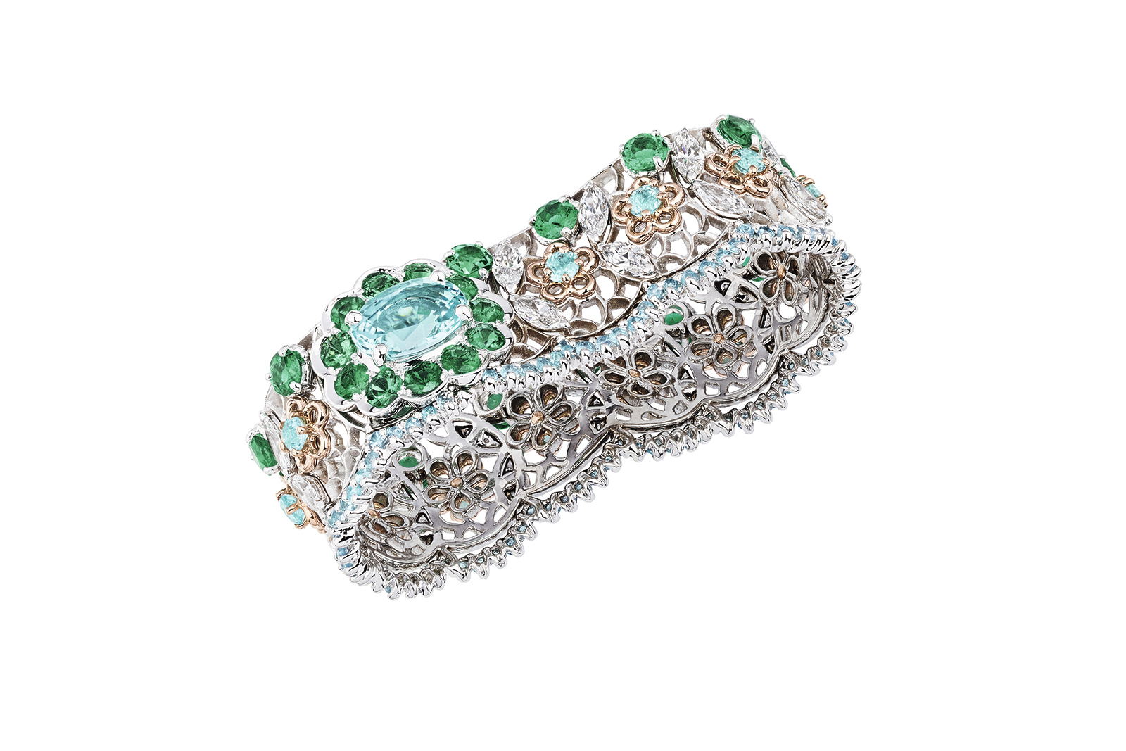  Dior ‘Dentelle Popeline Tourmaline Type Paraïba’ double ring in white gold, diamonds, emerald and Paraiba tourmaline