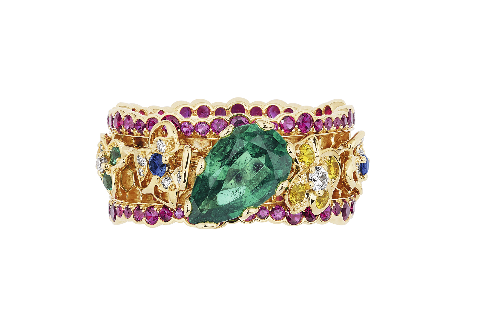  Dior  ‘Dentelle Tulle illusion Émeraude' ring in yellow gold, sapphires and diamonds 