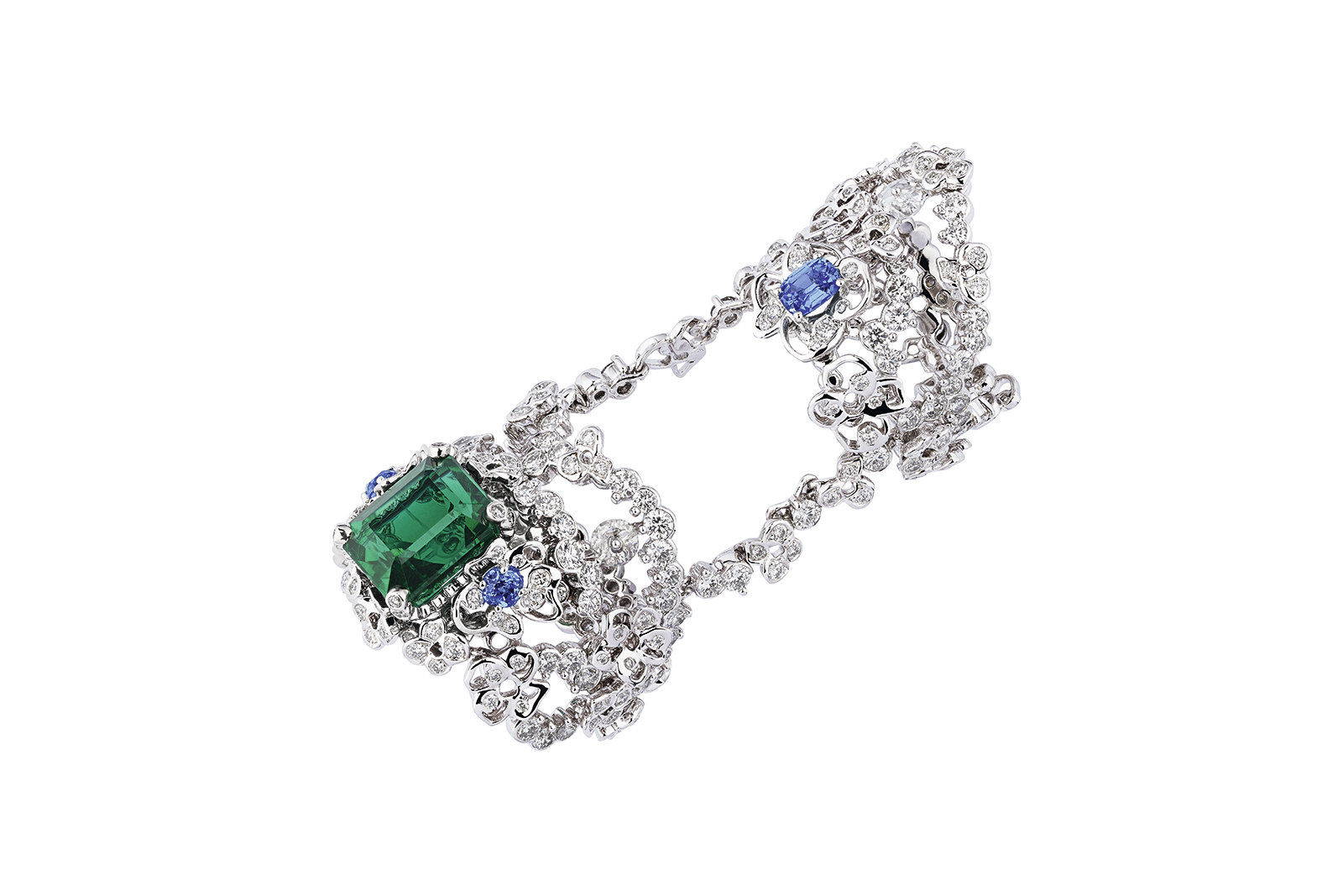  Dior ‘Dentelle Velours Émeraude’ double ring in white gold, diamonds, emerald and blue spinels