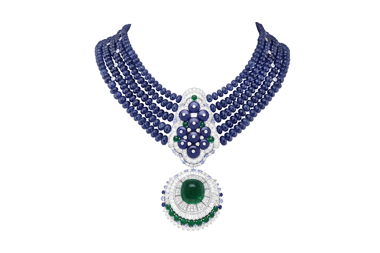 Van Cleef & Arpels ‘Sous La Lune’ necklace from ‘The Town Musicians of Bremen’ line with detachable element with a 29.44ct Colombian emerald, 464 Burmese sapphire beads totaling 647.02ct, with accenting emeralds and diamonds