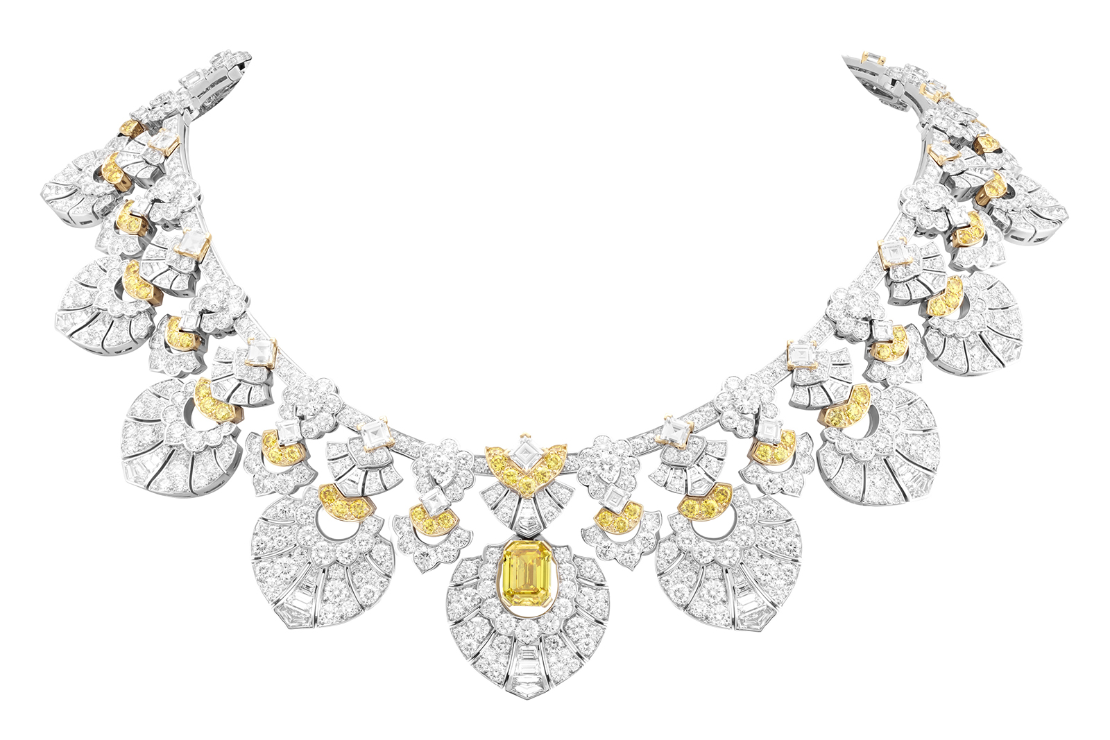  Van Cleef & Arpels ‘Plumage d’Or Necklace’ transformable necklace from ‘The Golden Bird’ line with emerald cut fancy orangey yellow 3.31ct diamond, accented with yellow and colourless diamonds