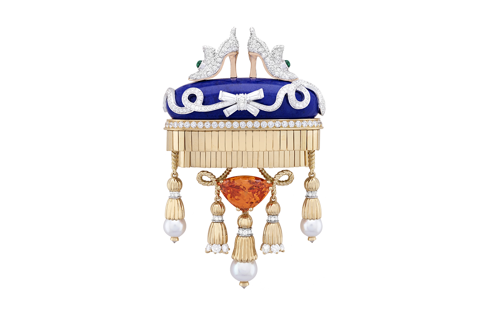  Van Cleef & Arpels ‘Souliers Précieux’ clip from the ‘Twelve Dancing Princesses’ line with troidia cut 6.91ct spessarite garnet, emeralds, lapis lazuli, cultured pearls and diamonds