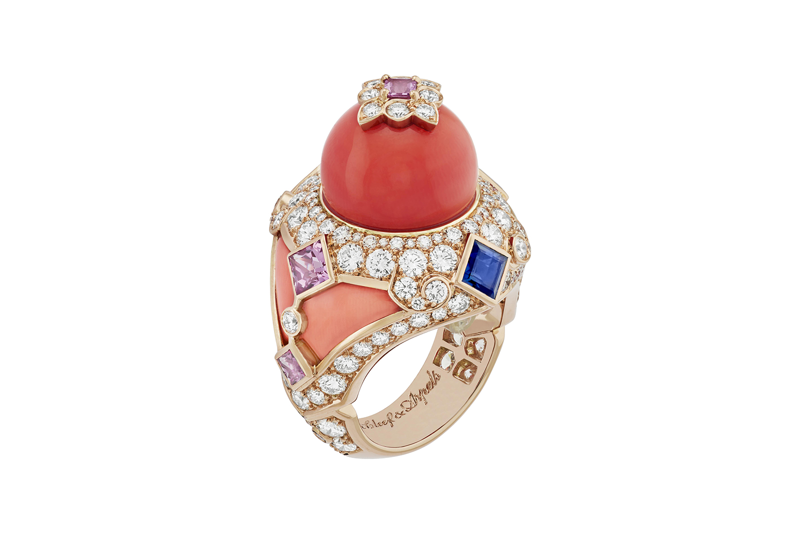  Van Cleef & Arpels ‘Serapi’ ring from ‘The Three Feathers’ line with blue and pink sapphires, rubies, coral and diamonds