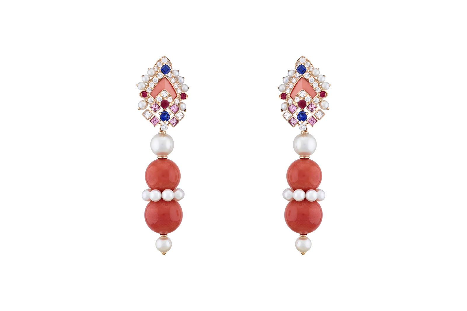  Van Cleef & Arpels ‘Serapi’ earrings from ‘The Three Feathers’ line with blue and pink sapphires, rubies, coral, pearls and diamonds