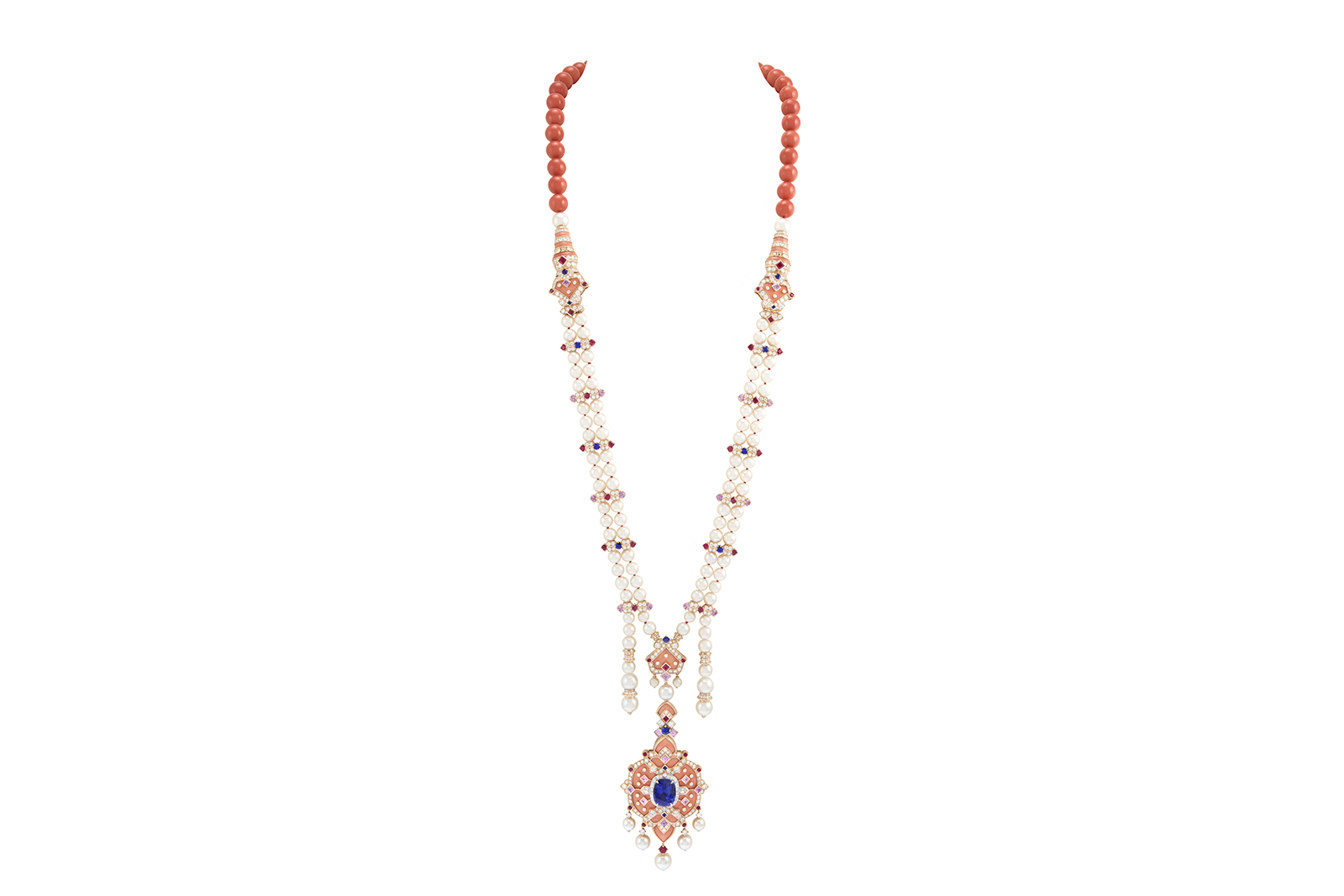  Van Cleef & Arpels ‘Serapi’ transformable necklace from ‘The Three Feathers’ line with detachable clip, 13.01ct Sri Lankan blue sapphire, 30.8ct Burmese pink sapphire, rubies, coral, accenting sapphires, pearls and diamonds