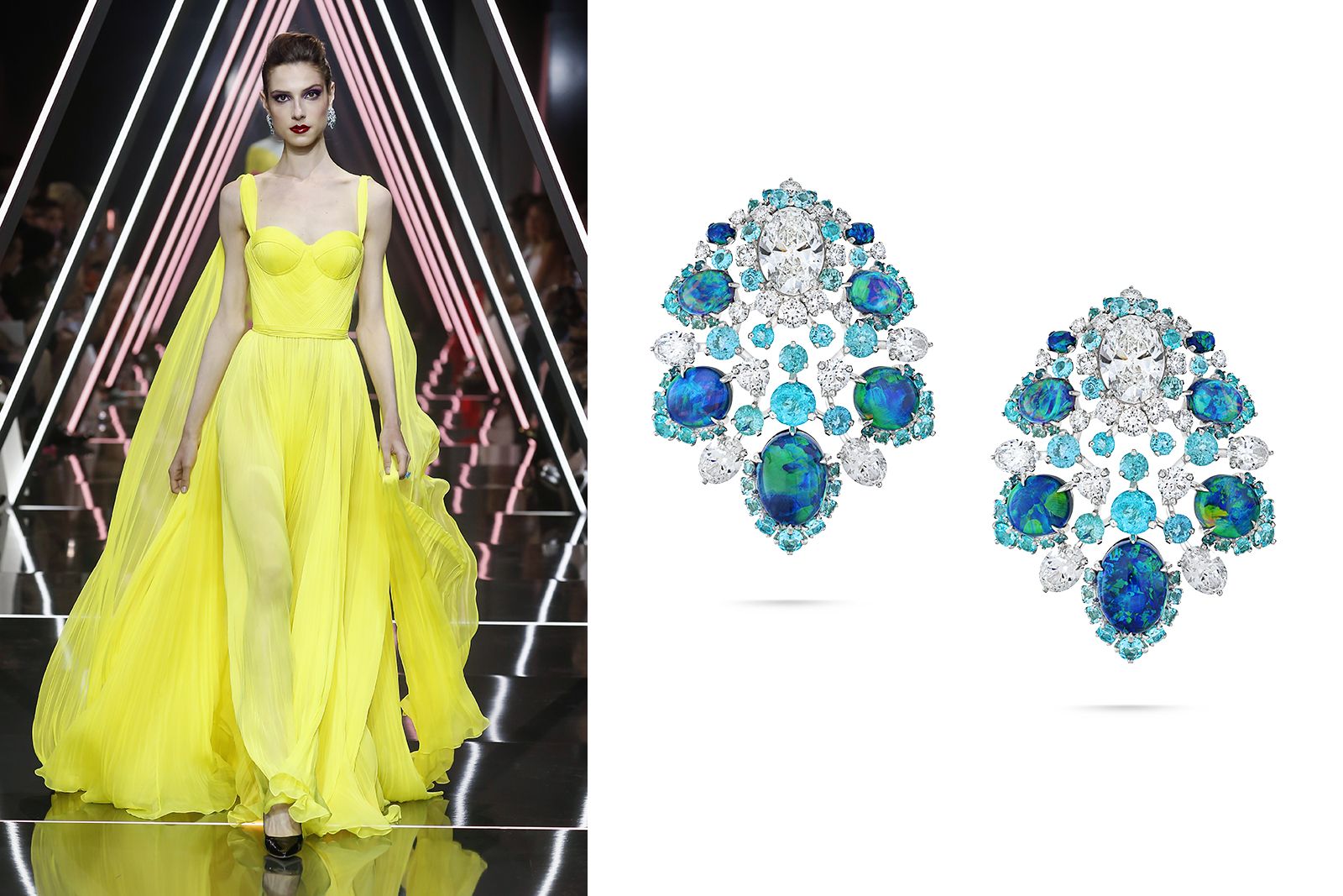  David Morris earrings with 21.60ct opal and 10.87ct paraiba tourmaline earrings, with oval and round colourless diamonds