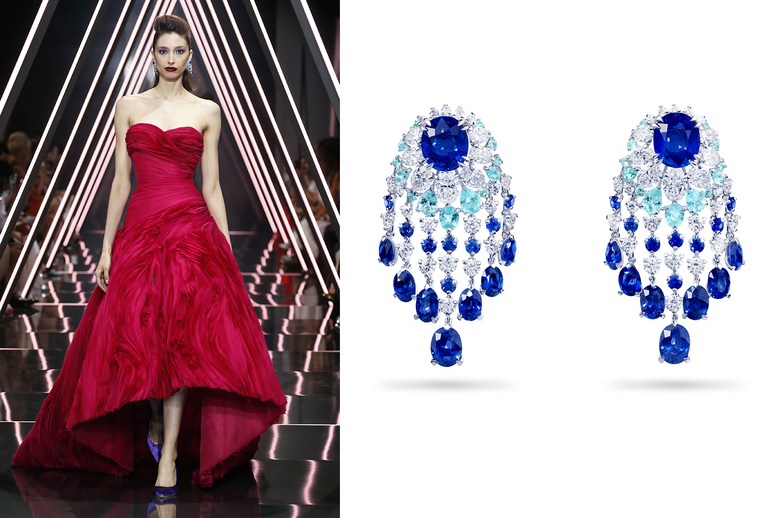  David Morris ‘Paradiso’ earrings with 52.88ct blue sapphires, Paraiba tourmalines and colourless diamonds
