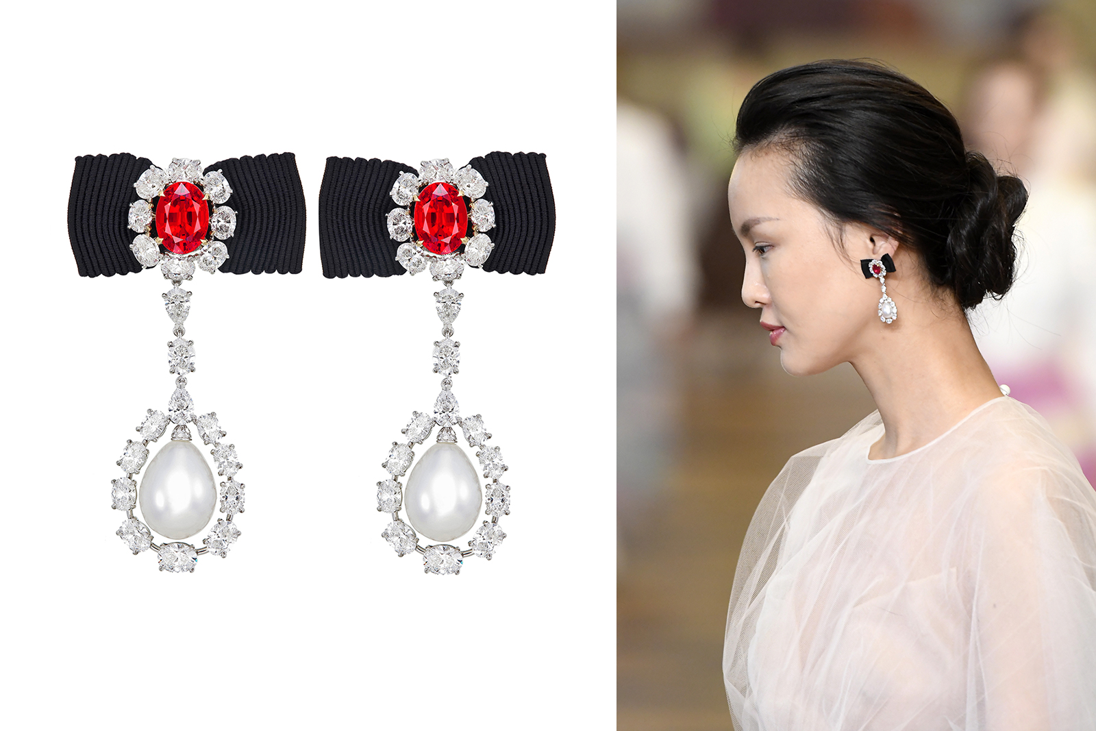  Faidee pearl earrings with pigeon blood Burmese ruby and diamond bow fastening