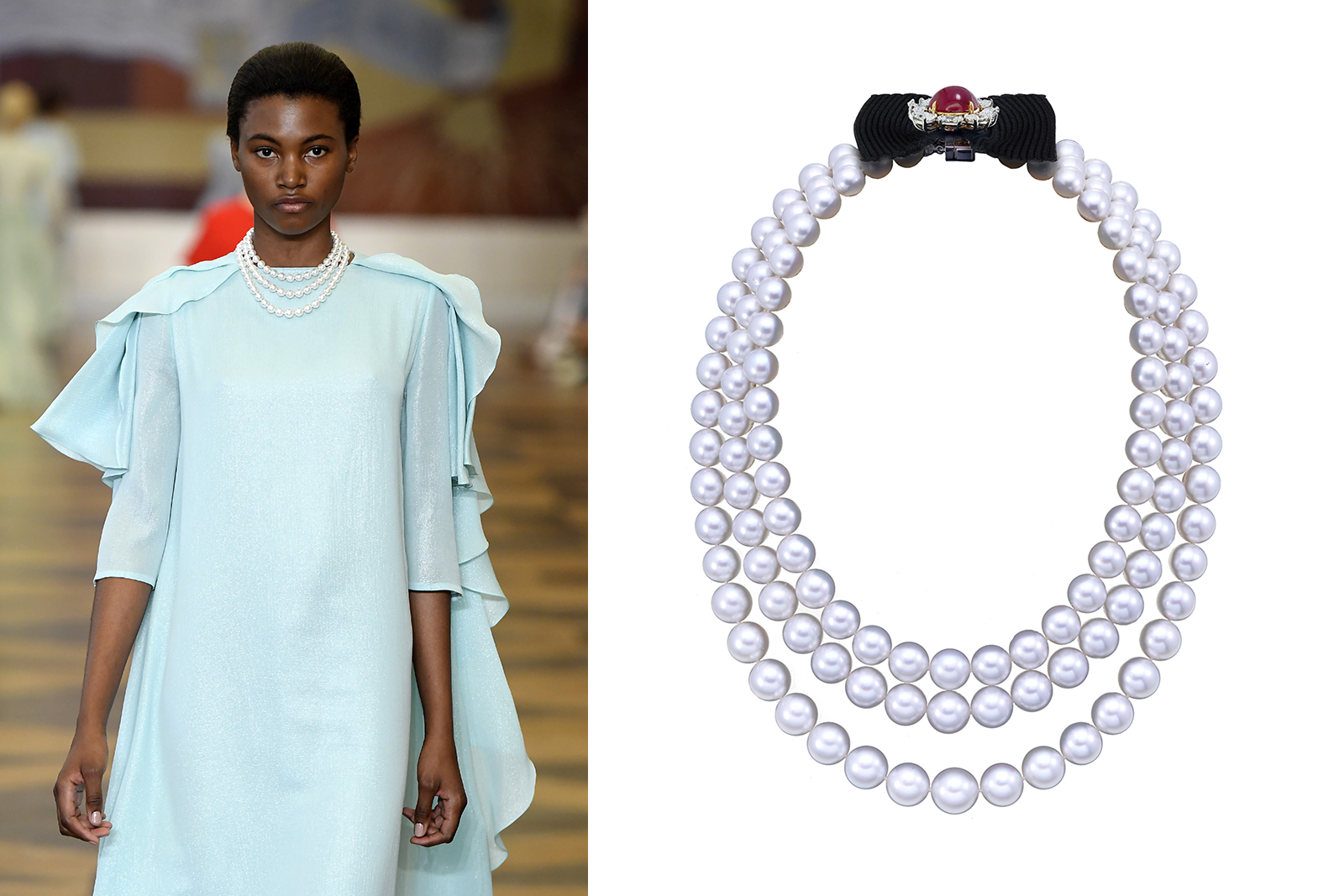  Faidee triple row pearl necklace with pigeon blood Burmese ruby and diamond bow clasp