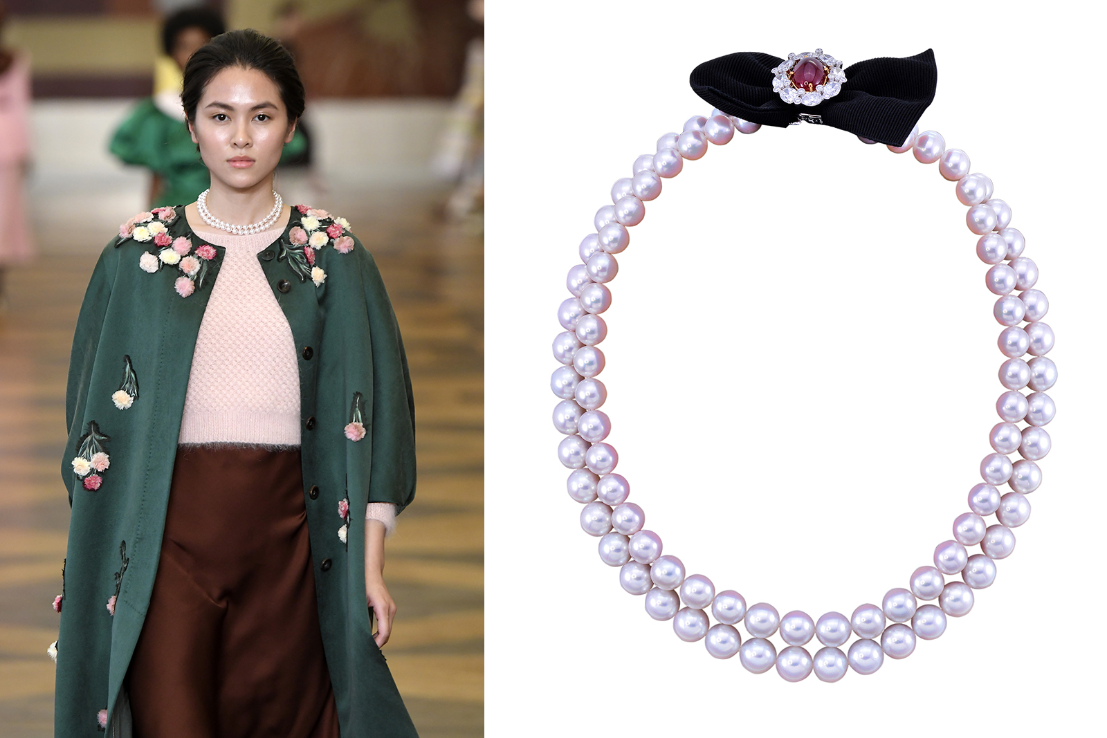  Faidee double row pearl necklace with pigeon blood Burmese ruby and diamond bow clasp