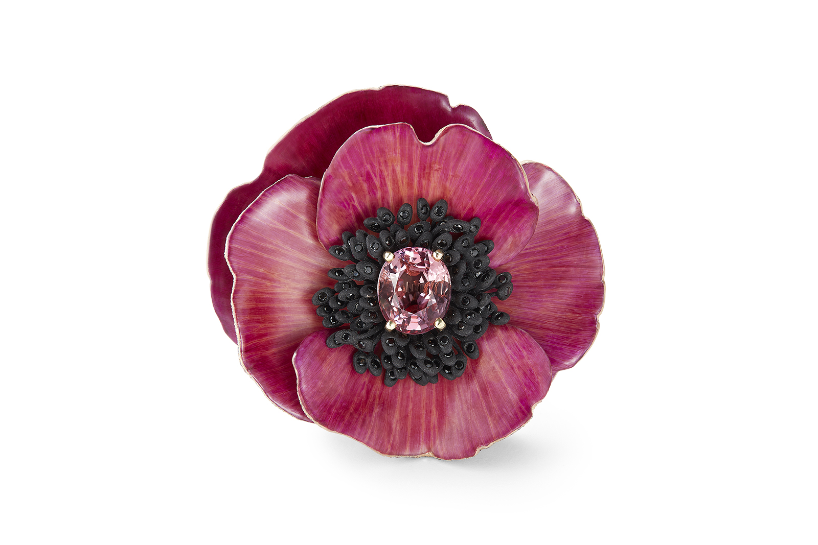  Boucheron ‘Eternal Flowers’ line ‘Pivoine Avis Varner’ ring with 4.16 carat Padparadscha sapphire, titanium, black spinels, yellow and violet sapphires