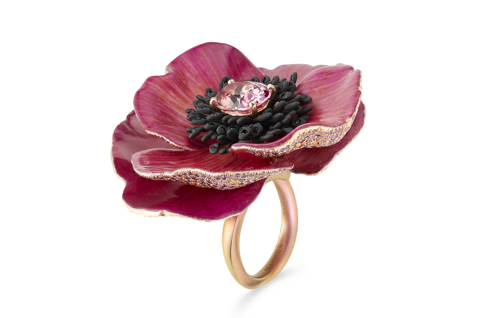  Boucheron ‘Eternal Flowers’ line ‘Pivoine Avis Varner’ ring with 4.16 carat Padparadscha sapphire, titanium, black spinels, yellow and violet sapphires