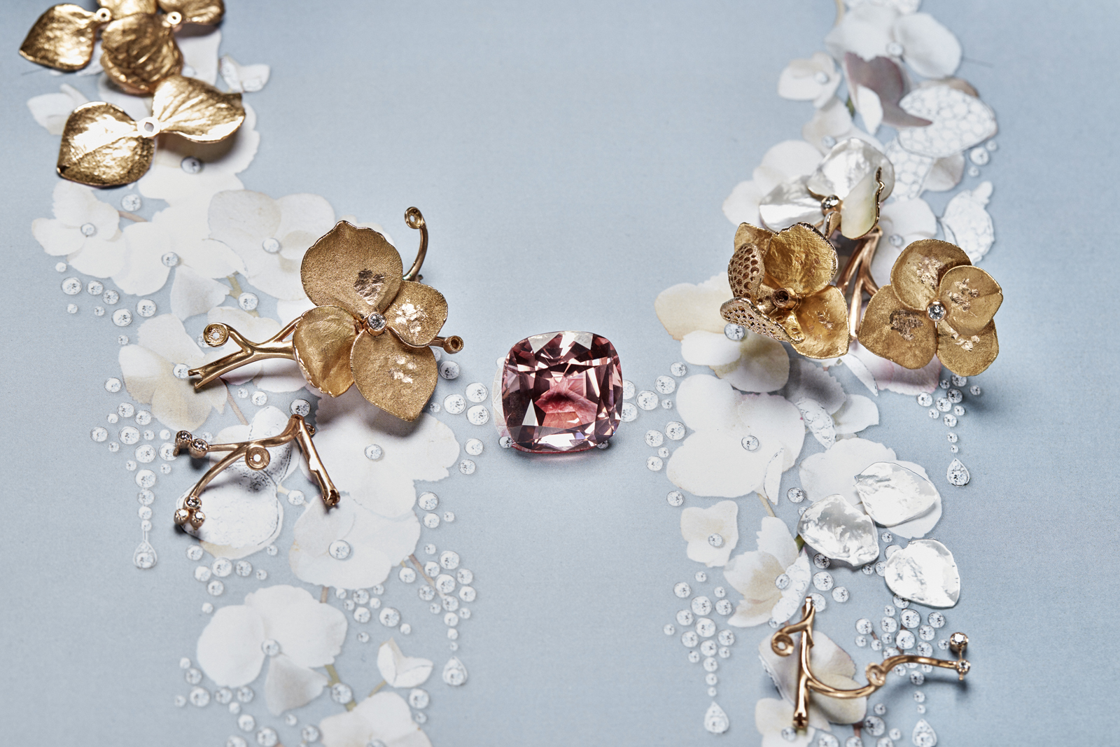 The creation of the Boucheron ‘Nuage de Fleurs’ necklace with 42.96 carat cushion cut pink tourmaline, mother of pearl and pave set diamonds in rose gold
