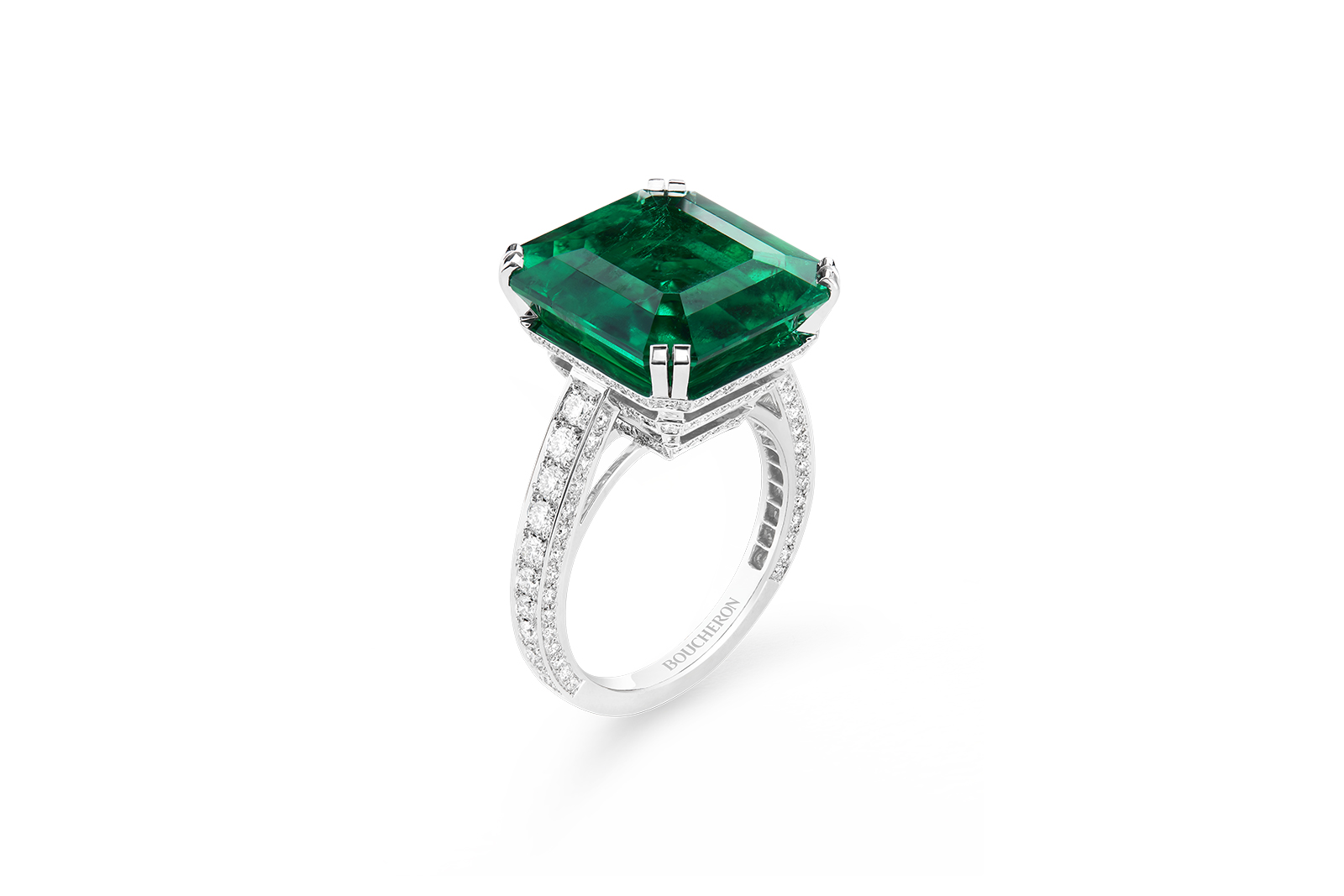  Boucheron '26 Vendôme' ring with a 12.03 ct Colombian emerald cut emerald, pavéd with diamonds on platinum