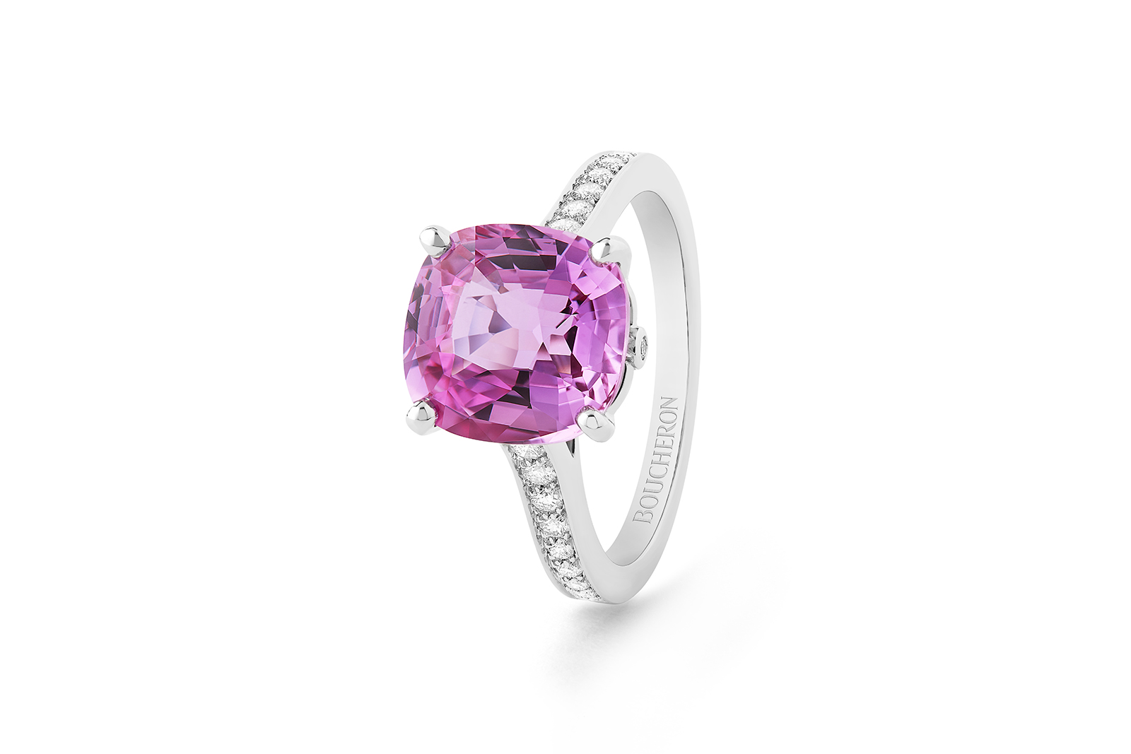  Boucheron 'Beloved' ring set with 5.30 ct Madagascar cushion pink sapphire, pavéd with diamonds, on white gold
