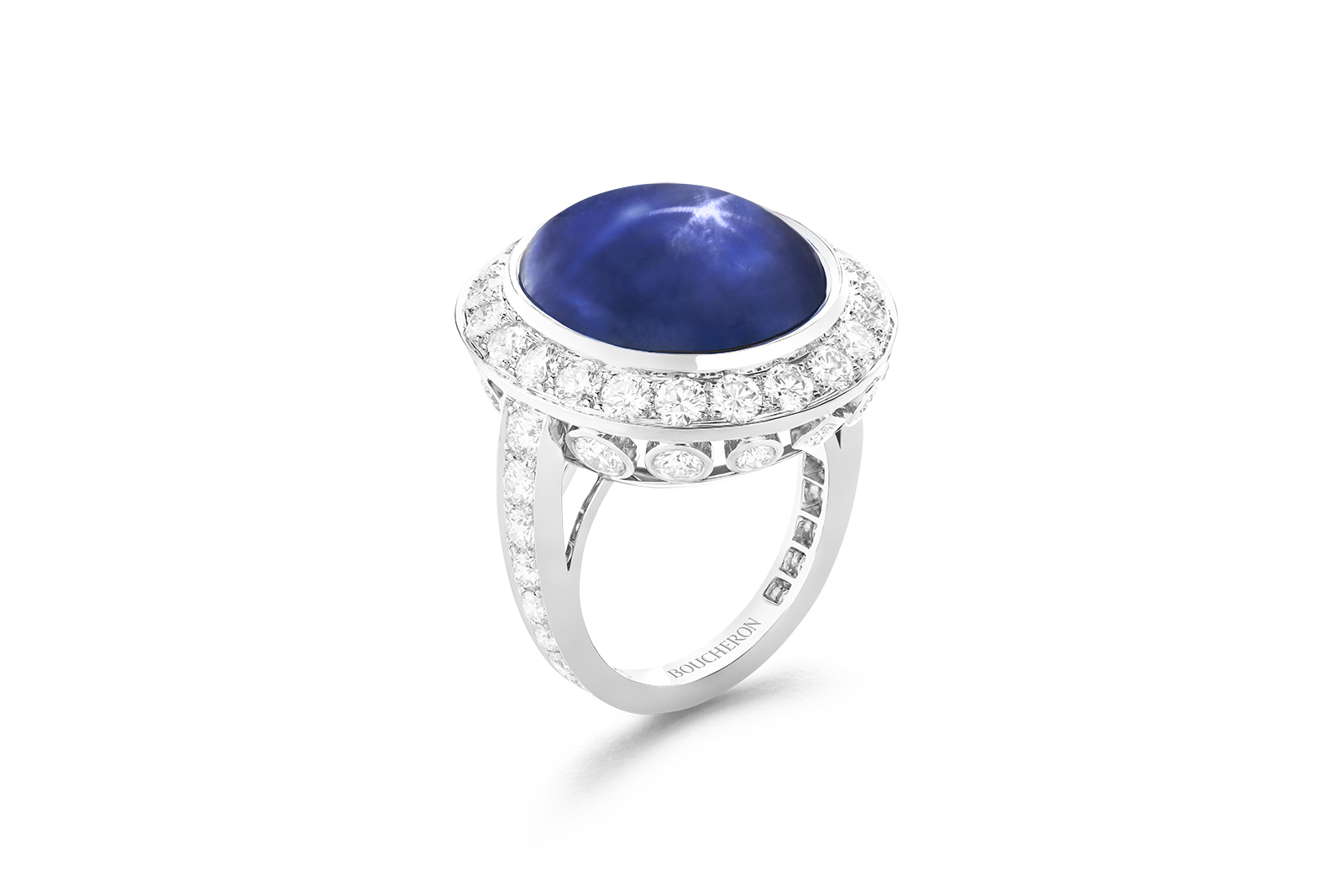  Boucheron 'Joya' ring set with a 25.22 ct Ceylon cabochon star sapphire, pavéd with diamonds on white gold