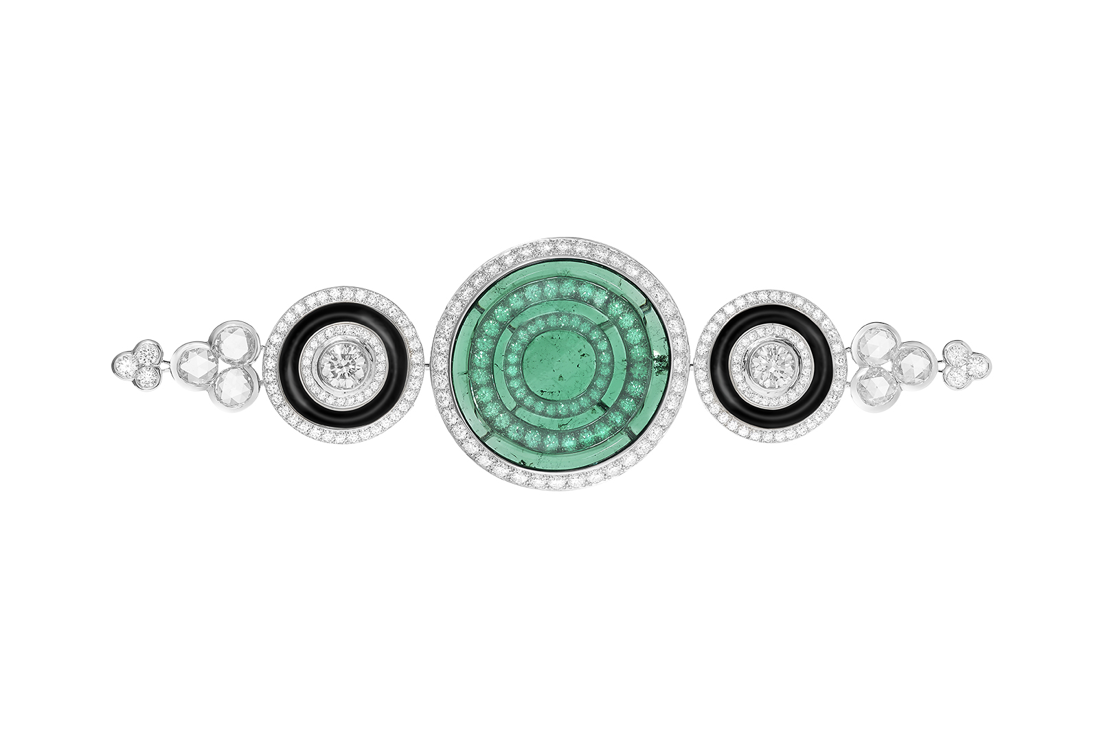  Boucheron 'Ligne Graphique' brooch set with a 19.87 ct Colombian cabochon round emerald and onyx, pavéd with diamonds on white gold