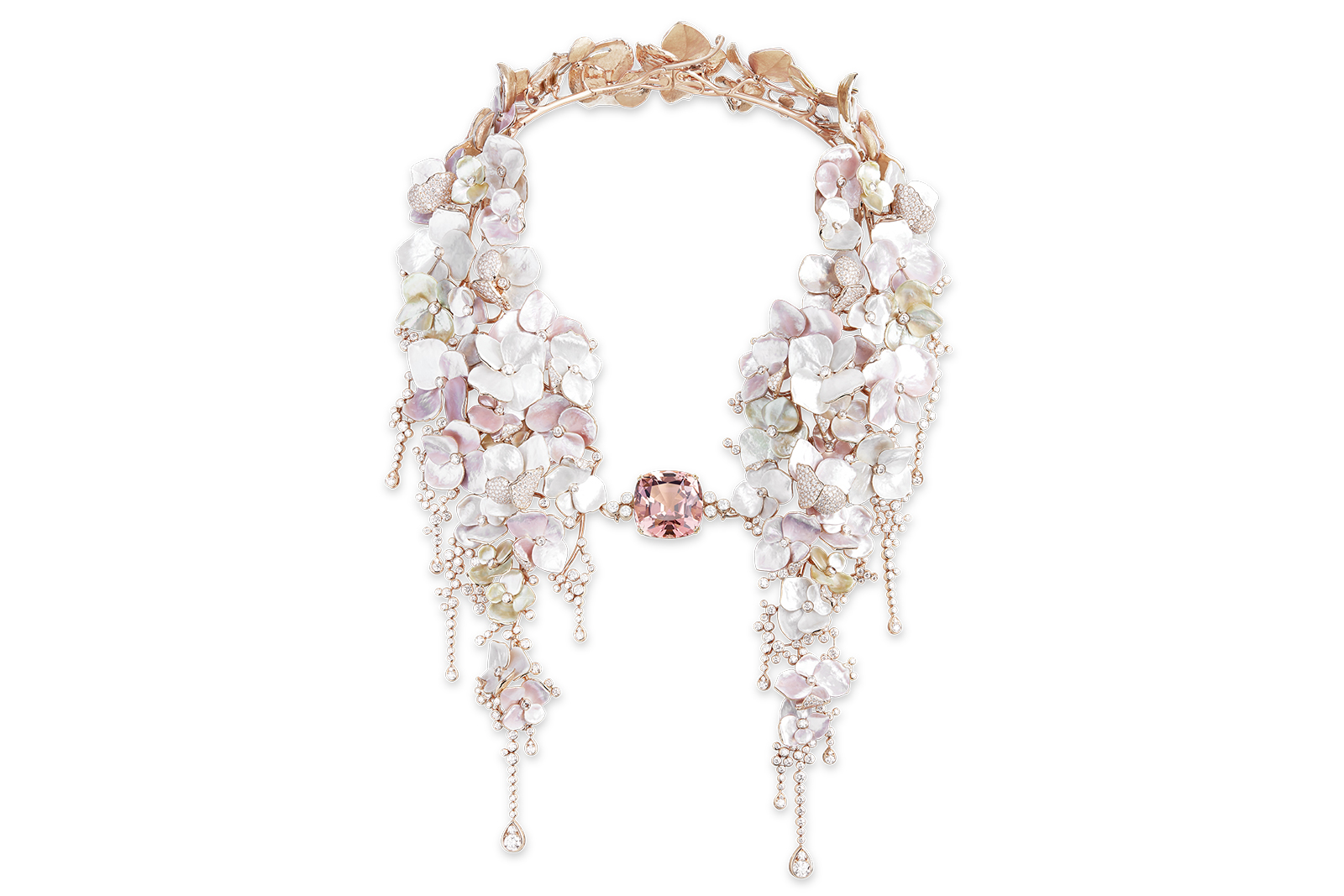 Boucheron ‘Nuage de Fleurs’ necklace with 42.96 carat cushion cut pink tourmaline, mother of pearl and pave set diamonds in pink gold