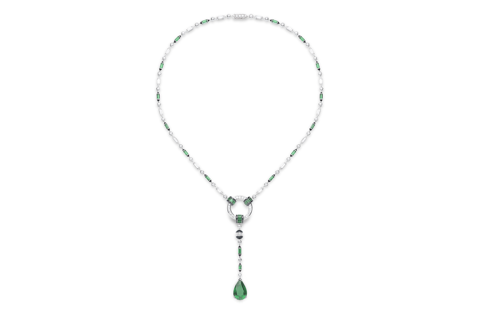  Boucheron 'Pluie Art Deco' necklace set with a 6.02 ct Colombian pear cut emerald and onyx, pavéd with diamonds on white gold