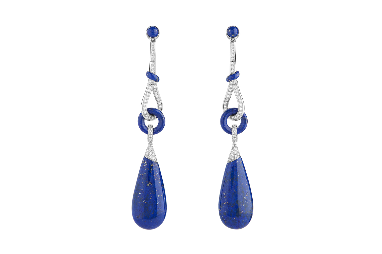  Boucheron 'Pluie' pendant earrings set with lapis lazuli, pavéd with diamonds on white gold
