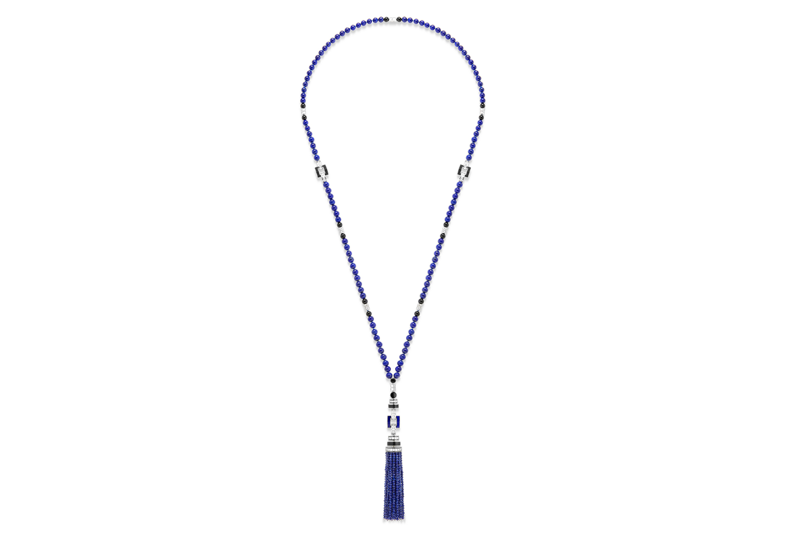  Boucheron 'Pompon Art Deco' long necklace set with lapis lazuli and onyx, pavéd with diamonds on white gold