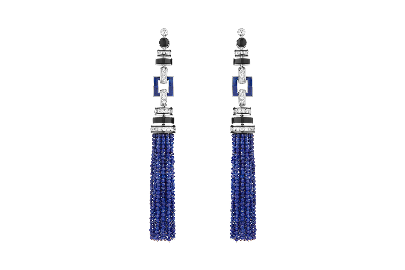  Boucheron 'Pompon Art Deco' pendant earrings set with lapis lazuli and onyx, pavéd with diamonds on white gold
