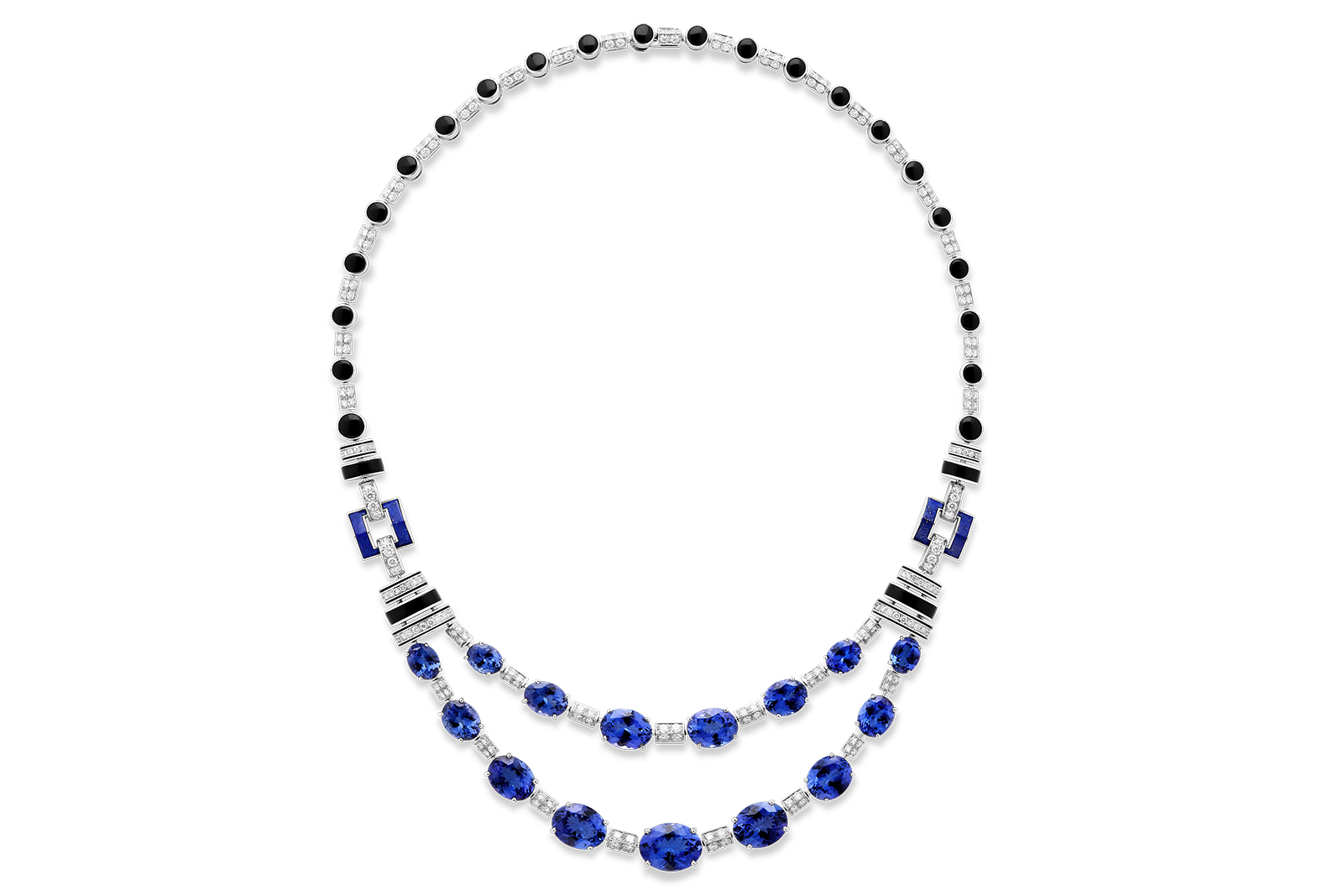  Boucheron 'Riviére Art Deco' necklace set with tourmalines, lapis lazuli and onyx, pavéd with diamonds on white gold
