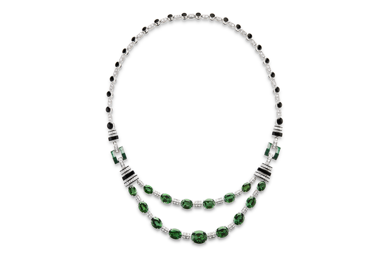  Boucheron 'Riviére Art Deco' necklace set with chrome tourmalines, malachite and onyx, pavéd with diamonds on white gold
