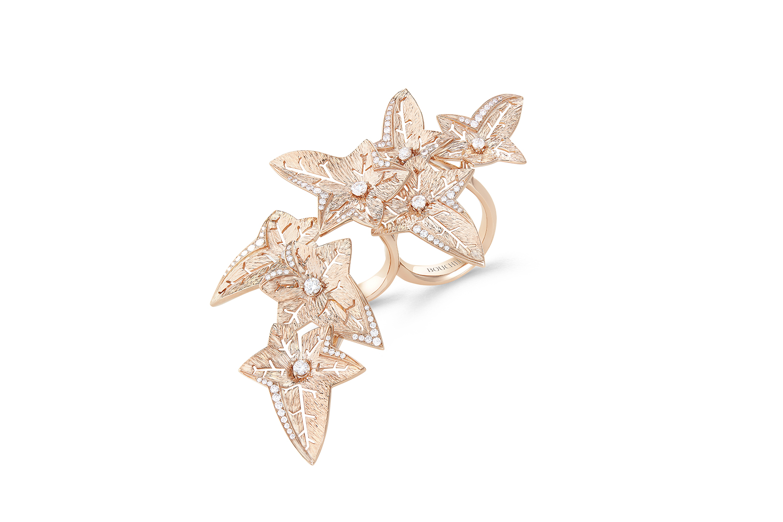  Boucheron 'Lierre de Paris' double finger ring pavéd with diamonds on pink gold