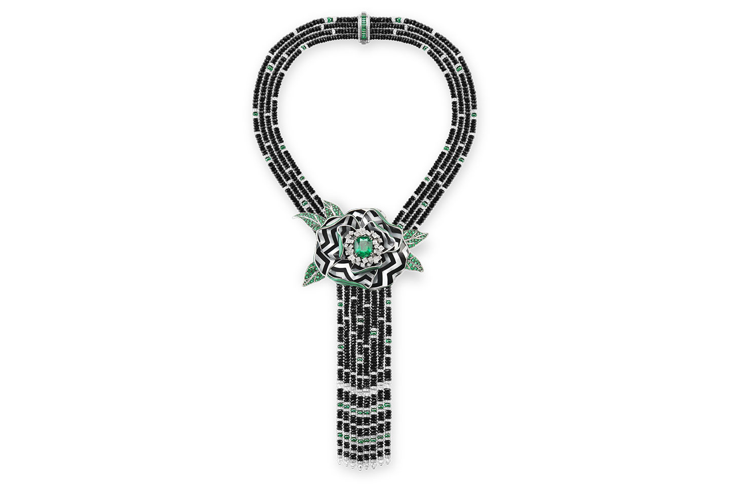  Boucheron ‘Fleur Graphique’ transformable necklace with 5.65 carat Colombian cushion cut emerald, white mother of pearl and black lacquer 
