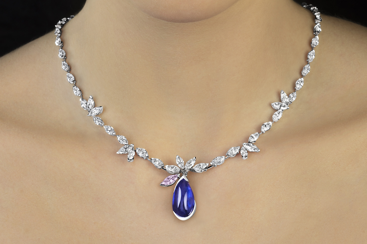 Alexandre Reza transformable necklace with removable 12.55ct Burmese pear cut cabochon sapphire on a colourless and pink diamond necklace