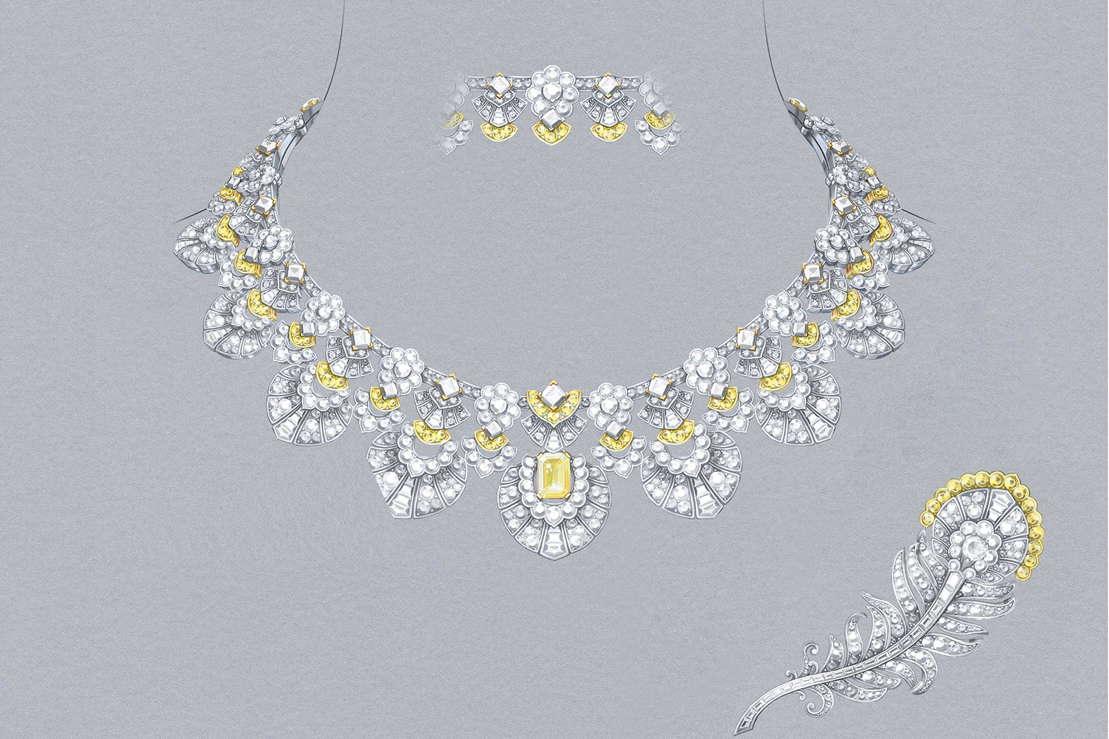 Van Cleef & Arpels 'Plumage D'Or' necklace and brooch variations with detachable feature 3.31ct emerald cut fancy vivid orangey yellow diamond, accenting fancy vivid orangey yellow diamonds and colourless diamond motifs