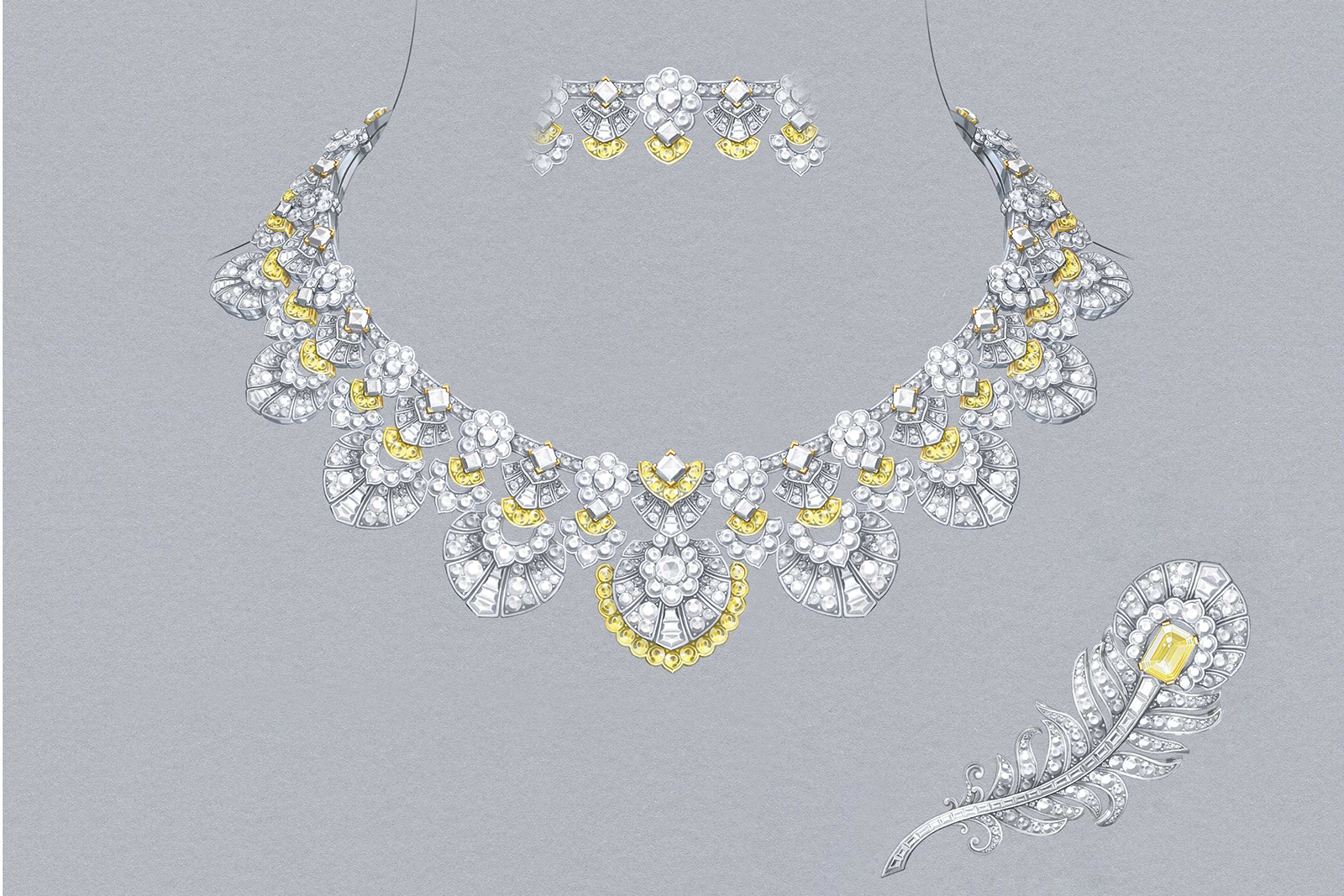  Van Cleef & Arpels 'Plumage D'Or' necklace and brooch variations with detachable fancy vivid orangey yellow and colourless diamond motifs