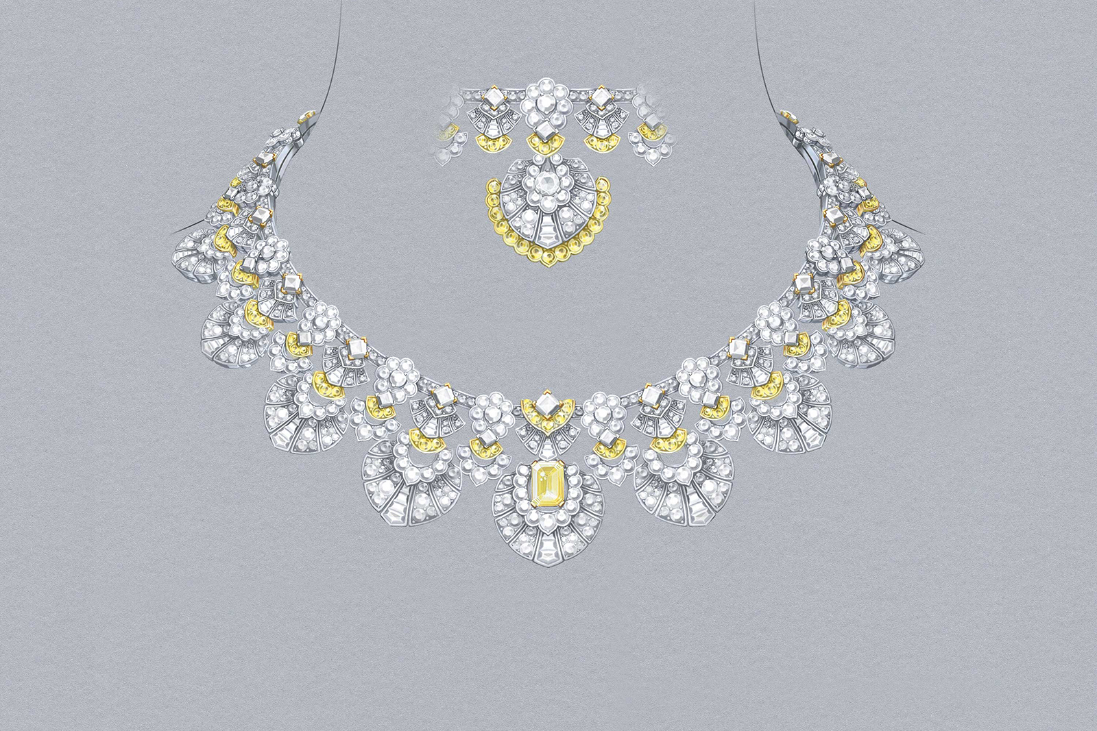  Van Cleef & Arpels 'Plumage D'Or' necklace variations with detachable fancy vivid orangey yellow and colourless diamond motifs