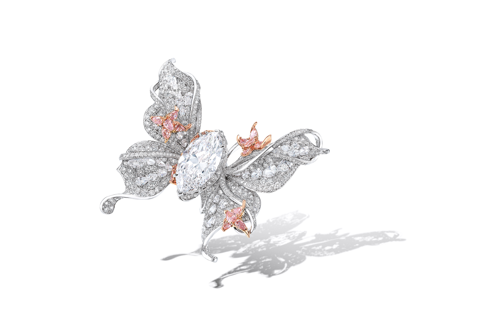  Anna Hu ‘Papillion du Blanc’ ring with 12.66 carat central marquise cut diamond, accented by pink and colourless pavé diamonds 