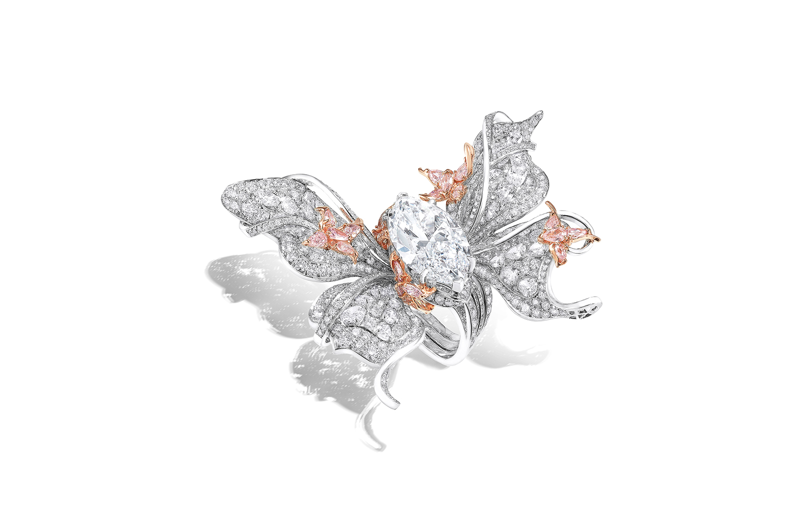  Anna Hu ‘Papillion du Blanc’ ring with 12.66 carat central marquise cut diamond, accented by pink and colourless pavé diamonds 
