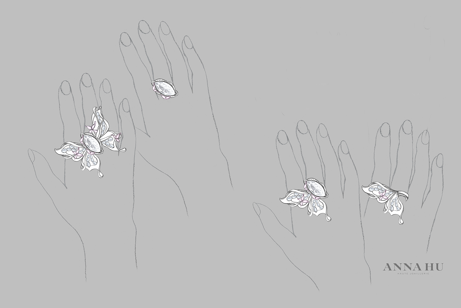 Variations of the Anna Hu ‘Papillion du Blanc’ ring with 12.66 carat central marquise cut diamond, accented by pink and colourless pavé diamonds 
