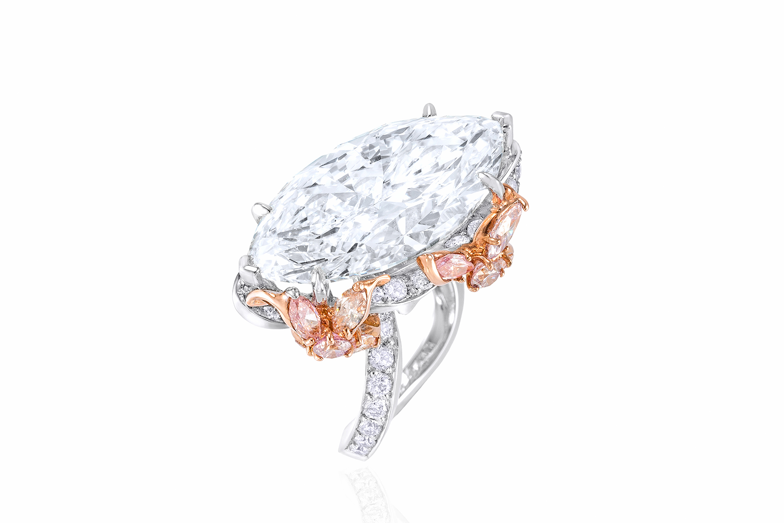  Central component of the Anna Hu ‘Papillion du Blanc’ ring with 12.66 carat marquise cut diamond, accented by pink and colourless pavé diamonds 