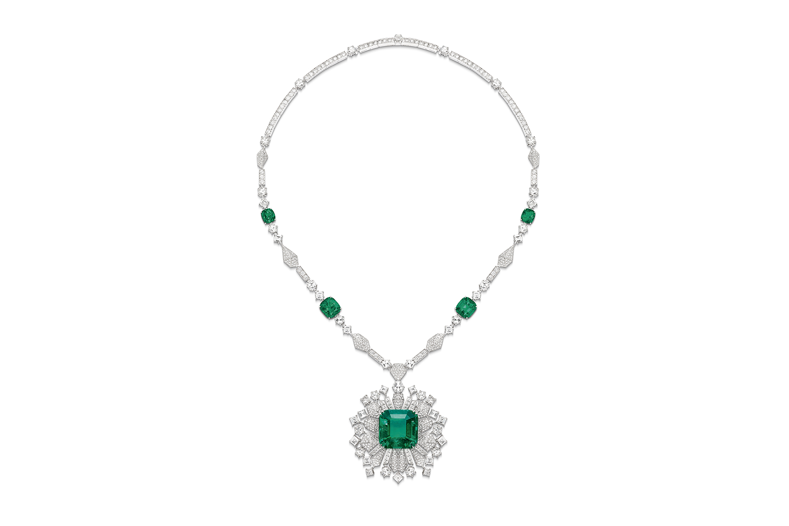 Piaget transformable ‘Emerald Star’ necklace from the ‘Sunlight Escape’ collection with 18.88ct Colombian emerald cut emerald, Colombian cushion cut emeralds and diamonds