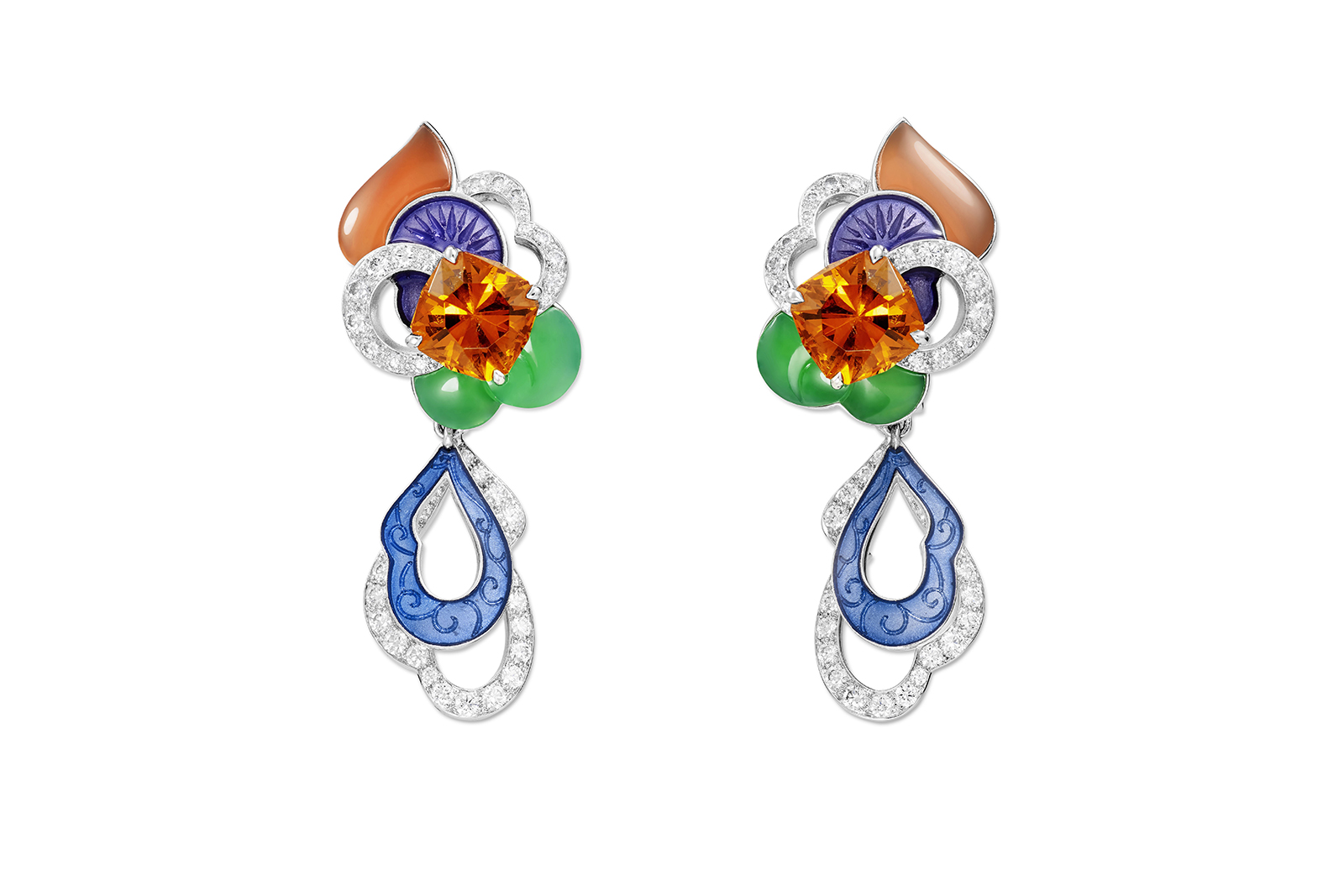  Lorenz Bäumer 'Nuage Chinois' earrings from 'Rêverie D'Ete' collection with 8.2ct spessarite garnets, chrysophrase, mother of pearl and diamonds