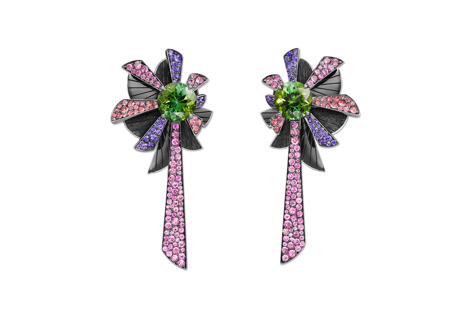  Lorenz Bäumer 'Rayonnement' earrings from 'Black Magic' collection with 6.37ct green tourmaline, purple and pink sapphires, and black rhodium 