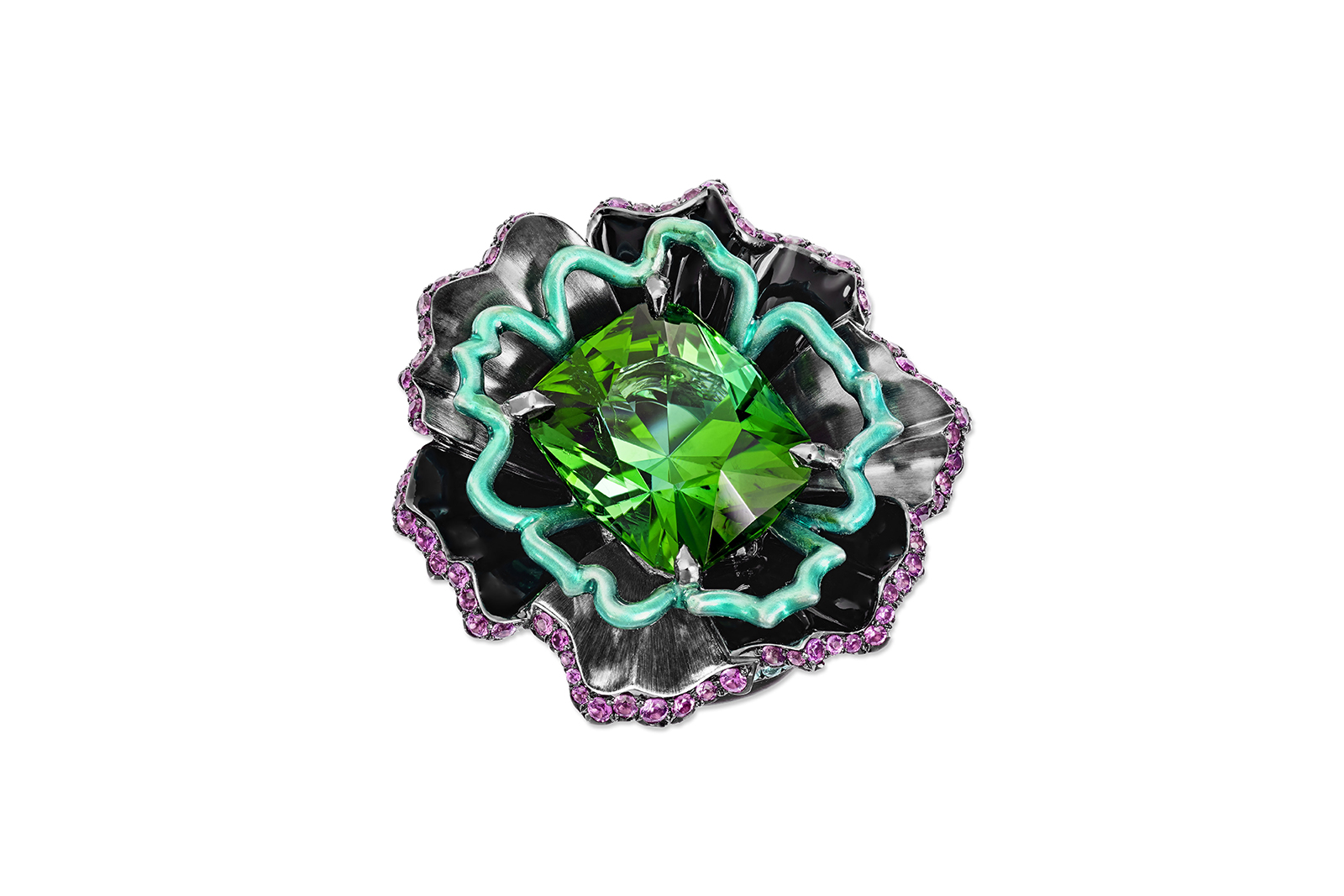 Lorenz Bäumer 'Fleur de Nuit' ring from 'Black Magic' collection with 14.98ct green tourmalines, sapphires, Paraiba tourmaline, lacquer and rhodium 