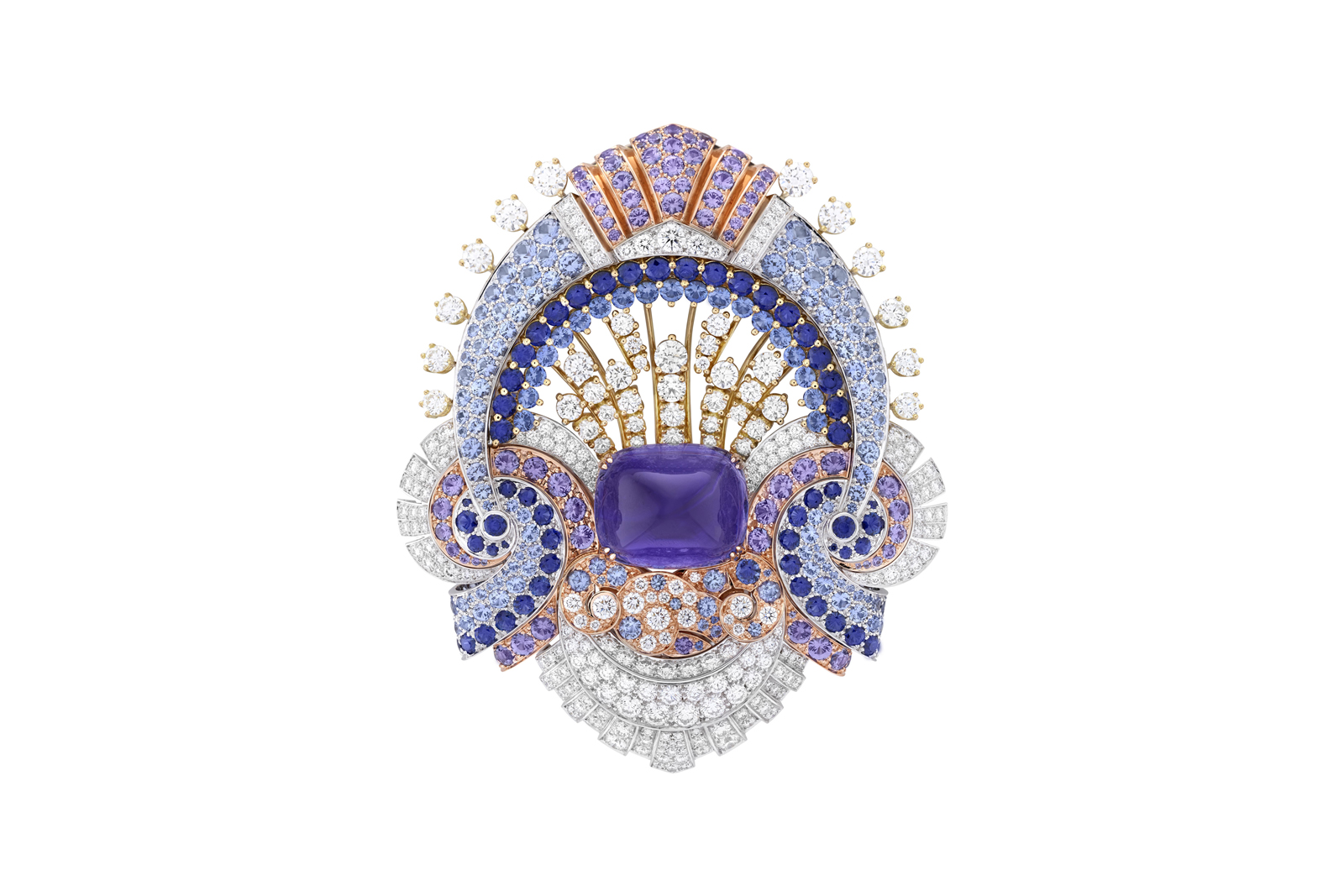  Van Cleef & Arpels removable brooch from the 'Clair de lune' long necklace, part of the 'Quatre Contes de Grimm' collection with  29.63 ct Sri Lankan sugarloaf purple sapphire, sapphires, and diamonds