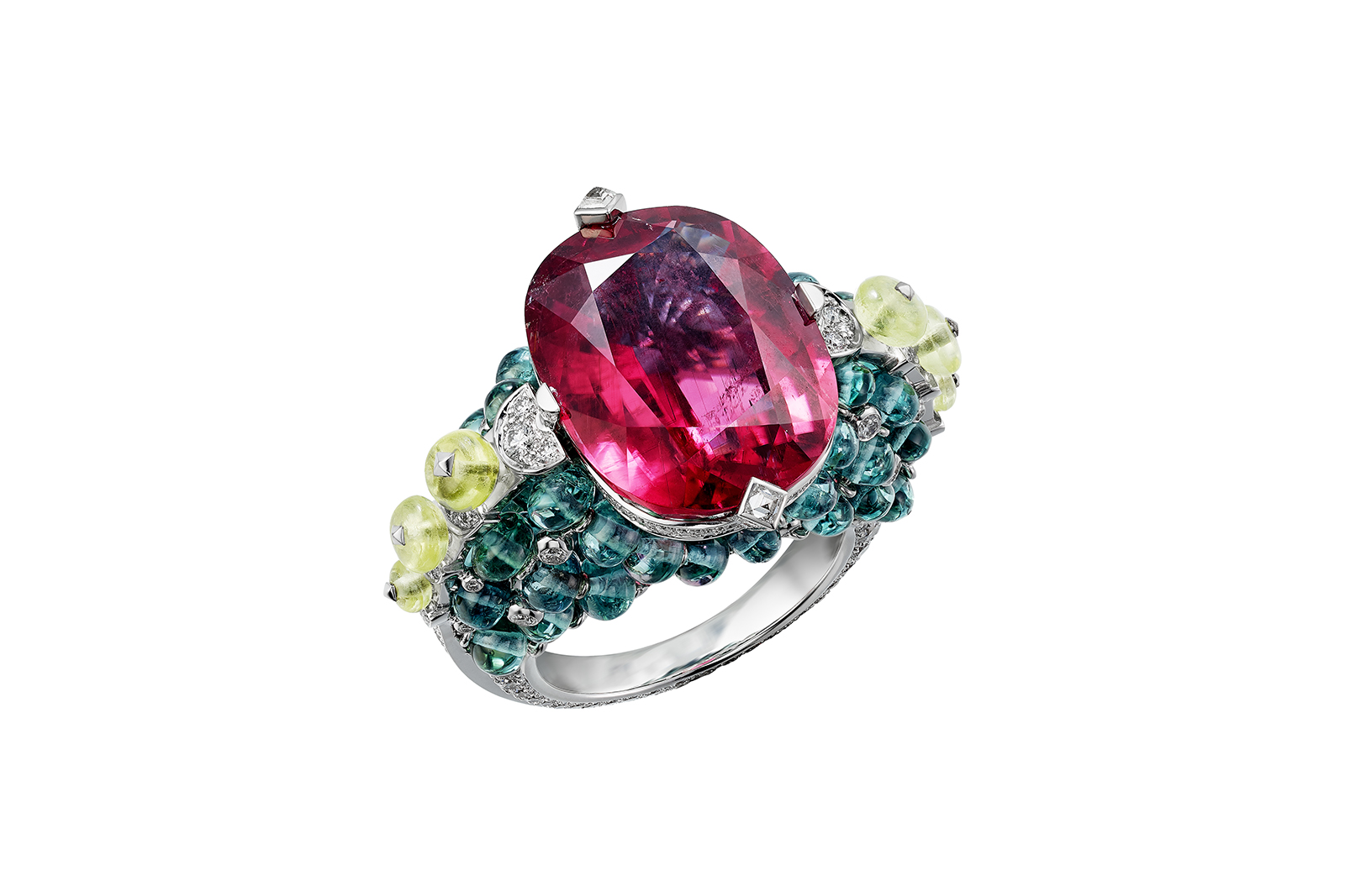 Cartier 'Holika' ring from the 'Coloratura' collection in 15.05ct cushion cut rubellite, accented with tourmaline, chrysoberyl and diamonds