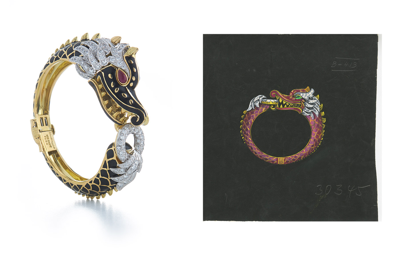 David Webb 'Dragon' bracelet with cabochon rubies, brilliant cut diamonds and black enamel in 18k gold and platinum