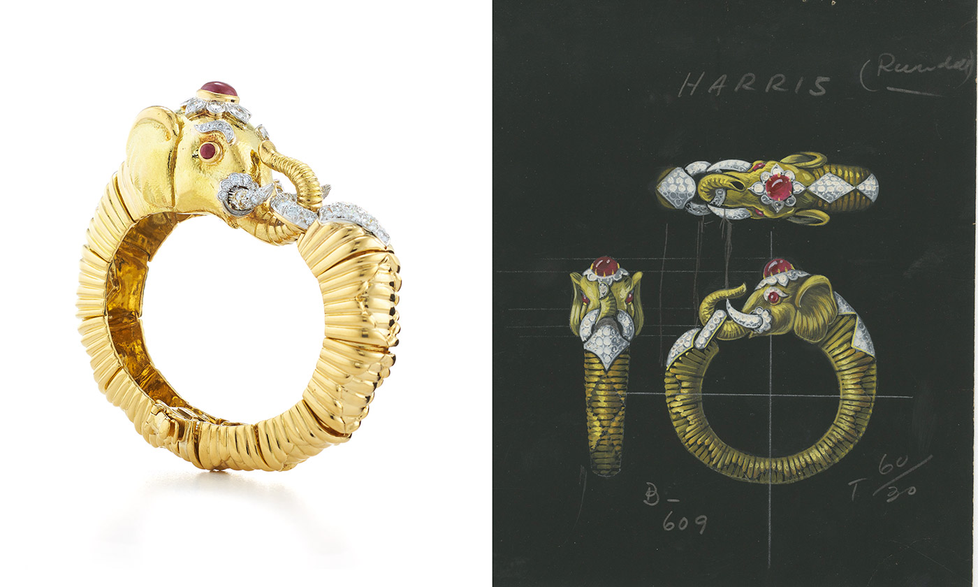  David Webb 'Elephant' bracelet with cabochon rubies and brilliant cut diamonds in 18k gold and platinum 
