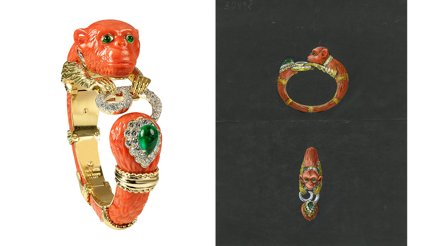  David Webb 'Monkey' bracelet with carved coral, cabochon emeralds and brilliant cut diamonds in 18k gold and platinum   